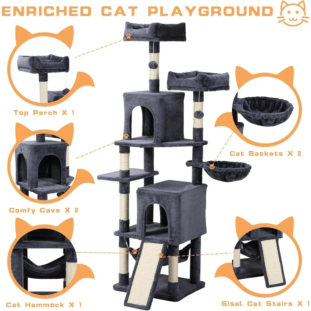 Large Multi-Level 70-Inch Cat Tree Tower with Hammock, Scratching Post, Condo, and Activity Center for Cats