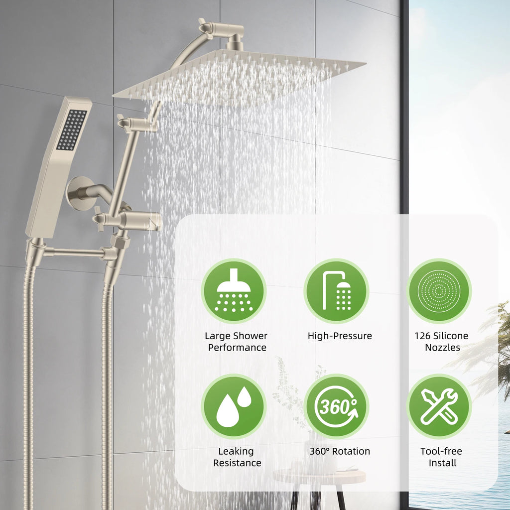 Hibbent Dual Shower Head Combo, High Pressure Handheld Shower Wand, 16'' Adjustable Arc-shaped Shower Extension Arm