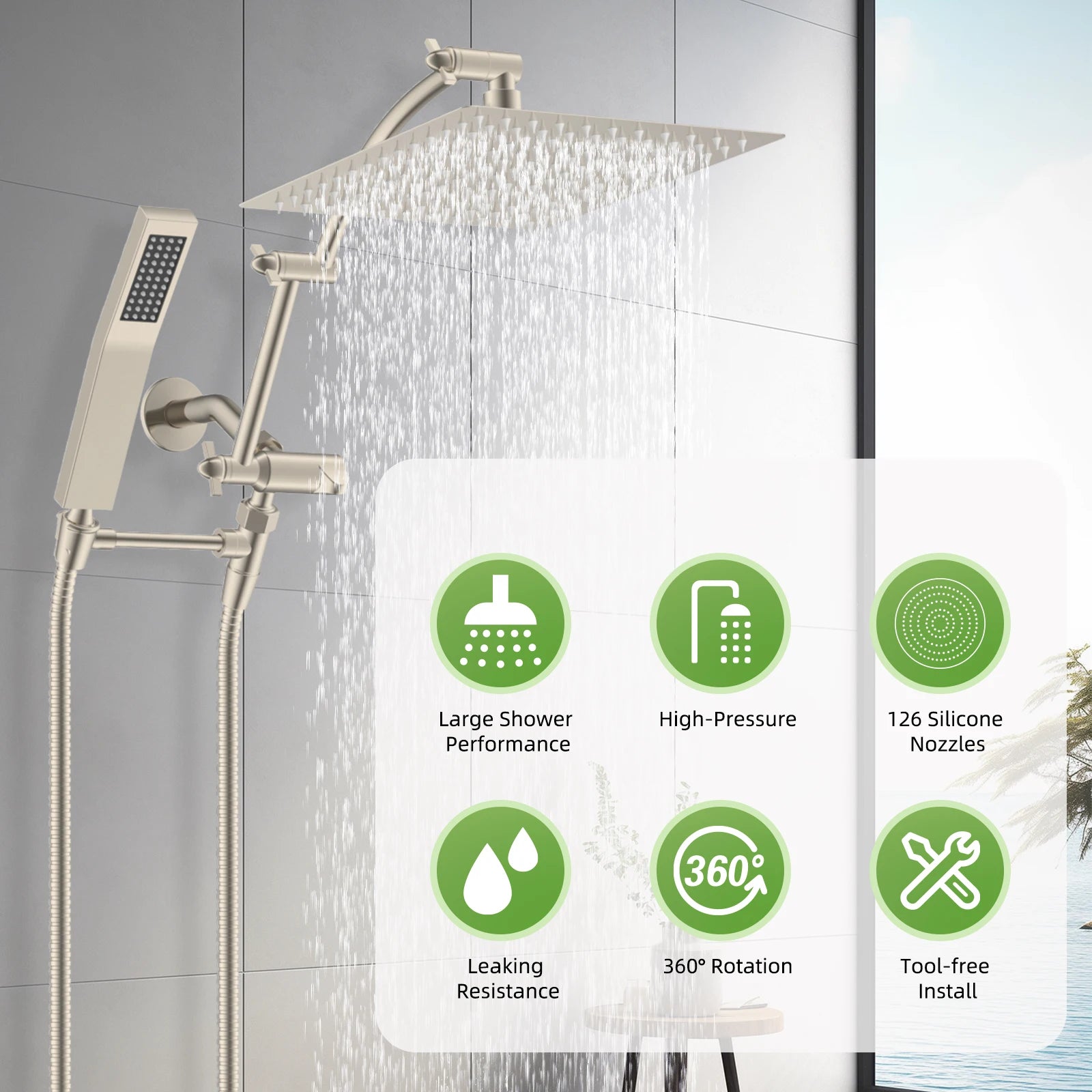 Hibbent Dual Shower Head Combo, High Pressure Handheld Shower Wand, 16'' Adjustable Arc-shaped Shower Extension Arm