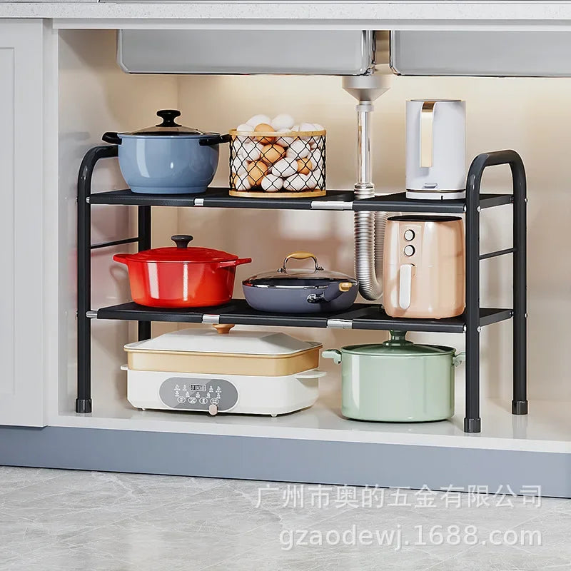Telescopic Under-Sink Storage Rack Multi-Layer Organizer for Kitchen Cabinets Carbon Steel Construction for Cleaning