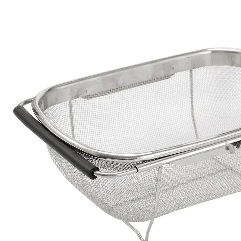 Stainless Steel Retractable Drain Basket Rubber Grip Handles Oval Colander Sink Vegetables Draining Rack Home Storage Basket