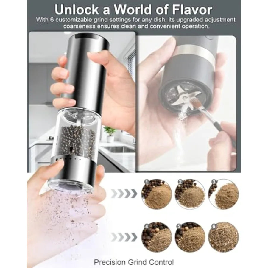 Electric Salt and Pepper Grinder Set with 6-Grind Settings and Anti-Misoperation Top Design Detachable Base and Transparent Con