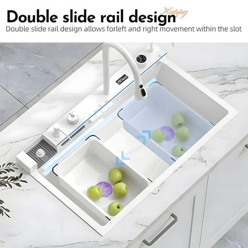 Piano keys Cream White Multifunctional Kitchen Sink Double-track Free combination Cutting board Drain basket Basin in basin