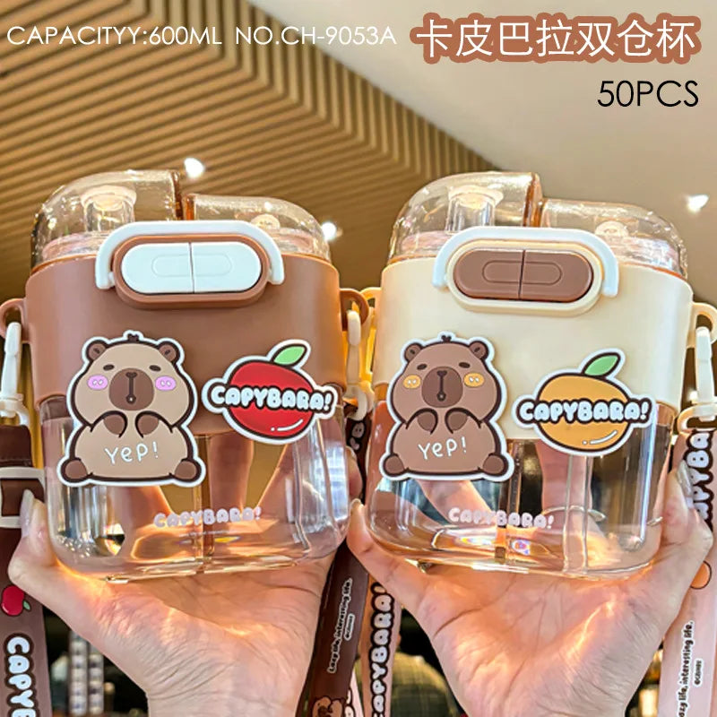 kapibara 600ml cartoon double drink sub-warehouse plastic water bottle kids Capybara outdoor portable plastic summer cup student