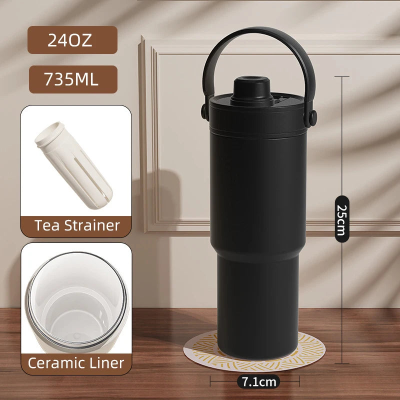 Ceramic Tumbler with Handle Thermal Mug Large 24OZ Straw Portable Cold Coffee Thermos Lined insulated Vacuum Flask Travel Bottle
