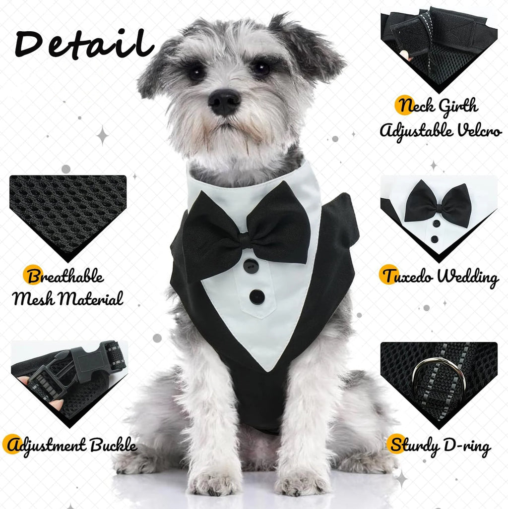 Dog Tuxedo Harness Engagement Birthday Valentines Wedding Costume Adjustable Bow Tie Pet Vest Harness for Small Medium Dogs