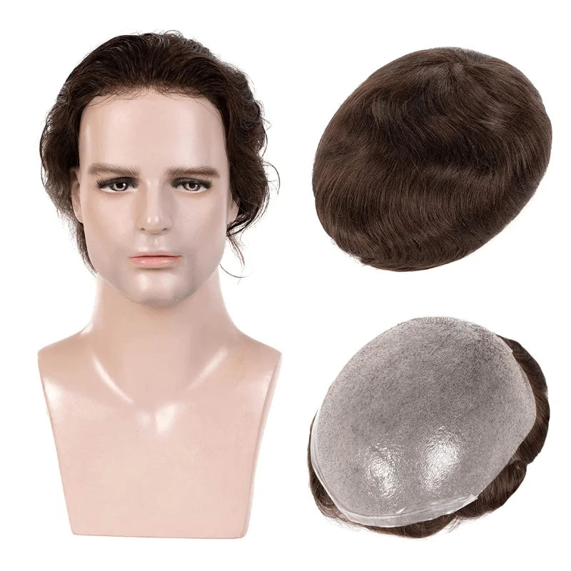 Male Hair Prosthesis Skin 0.02mm Base Toupee Men Wig 100% Human Hair Undetectable Replacement Systems Men's Capillary Prothesis