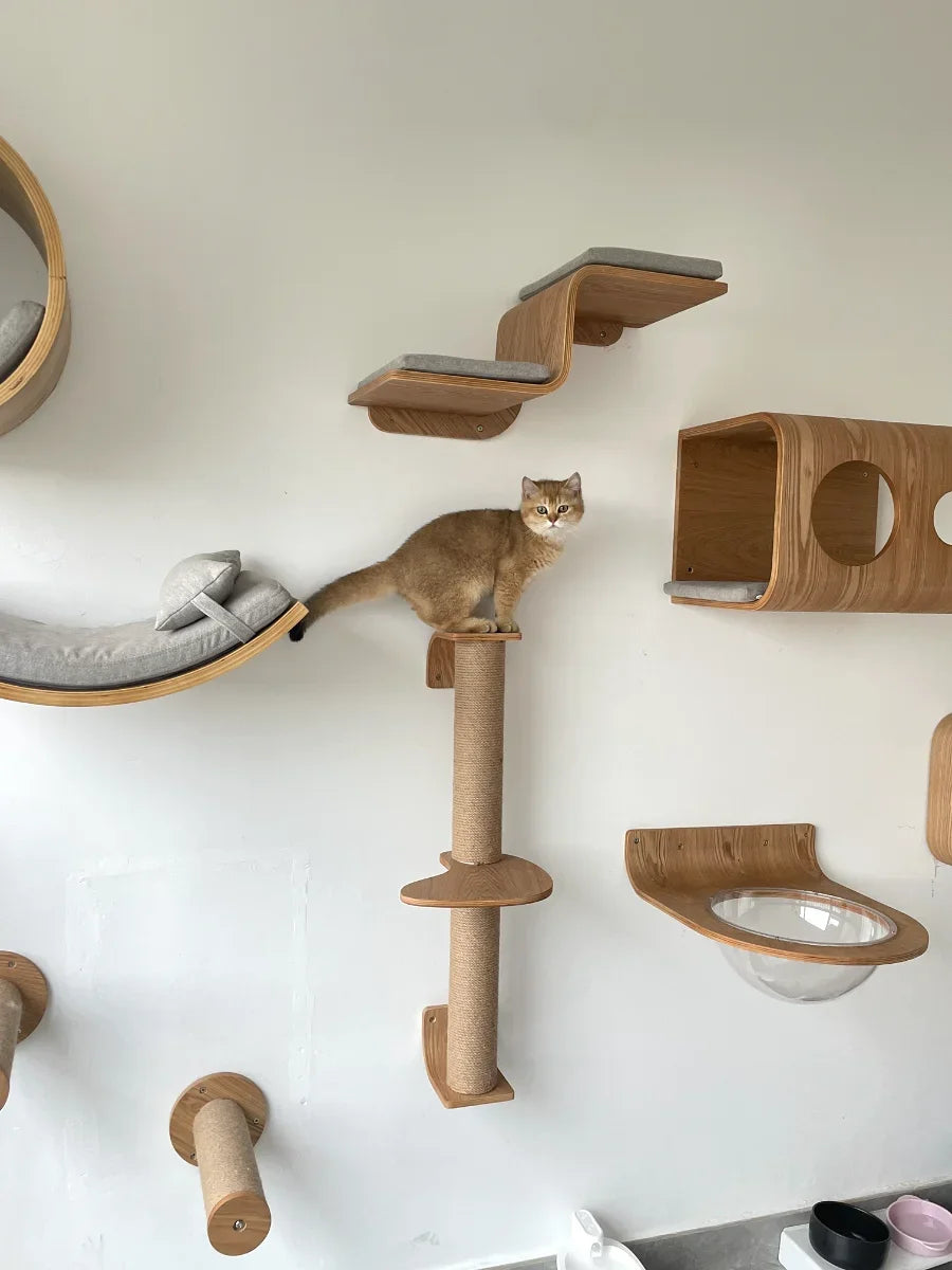 Wooden Cat Climbing Shelves Wall Mounted Cat Tree Sisal Scratching Post Pedal Hammock Indoor Kitten Playground Cats Accessories