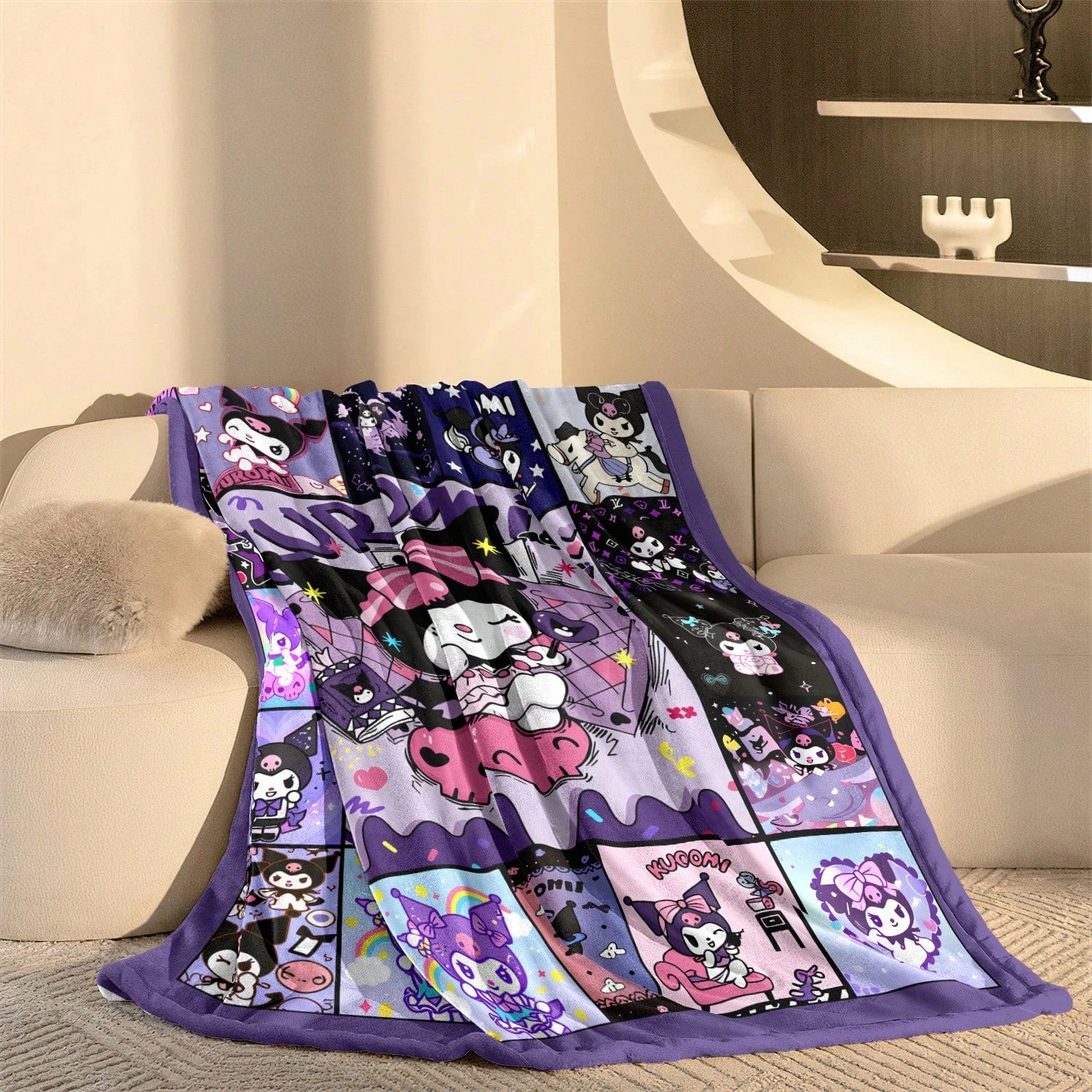 1pc Sanrio Kuromi Themed Flannel Blanket, 2D Flat Print, All-Season, Otaku Throw for Bedroom, Living Room, Napping, Camping & Gi