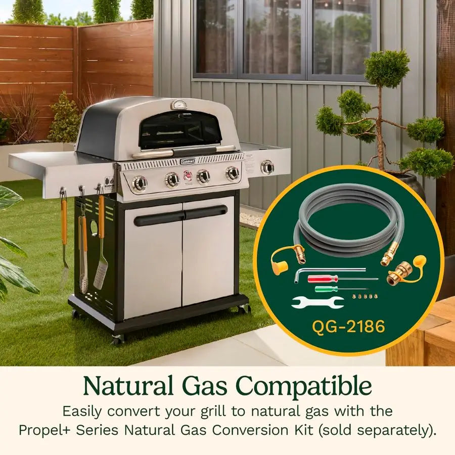 Propel 4Burner 3in1 Gas Grill, Stainless Steel Versatile Grill, Griddle amp Pizza Oven with Pizza Stone, Convertible to Natural