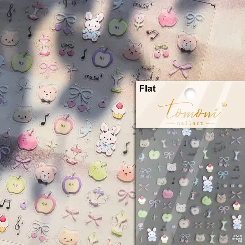 Lovely Animal Graffiti Cat Claw Rabbit Bunny Bear Dog Flower Fruit Dim Sum Candy Sunflower Adhesive 5D Nail Art Stickers Decal