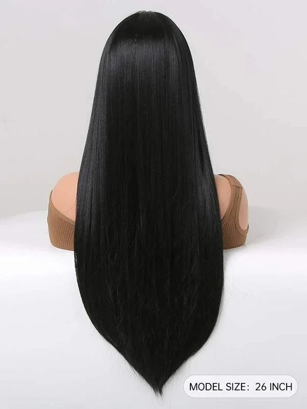 Black Long Straight Synthetic Wig for Women Middle Part Hairline Natural Looking Daily Party Wear Full Wig 26 Inches Daily Party