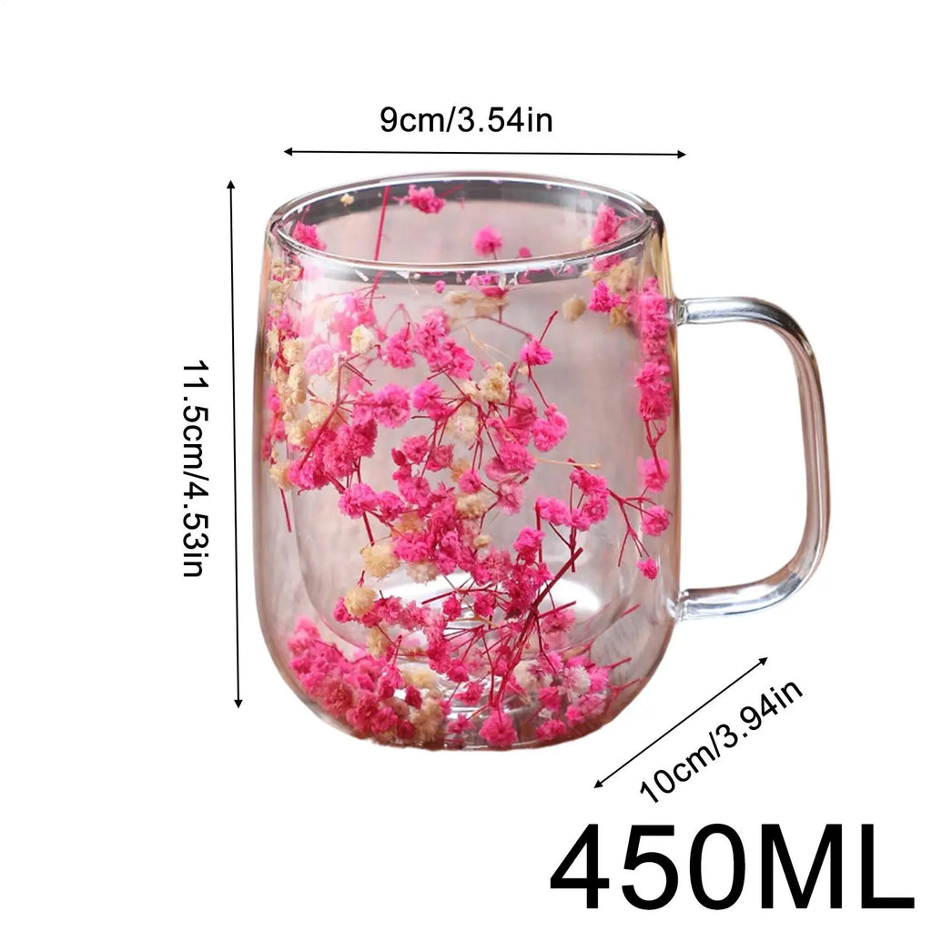 450ml Double Wall Glass Coffee Mugs Clear Glass Cups with Handle Dried Flower Design Mug for Tea Milk Latte Home Office Gift