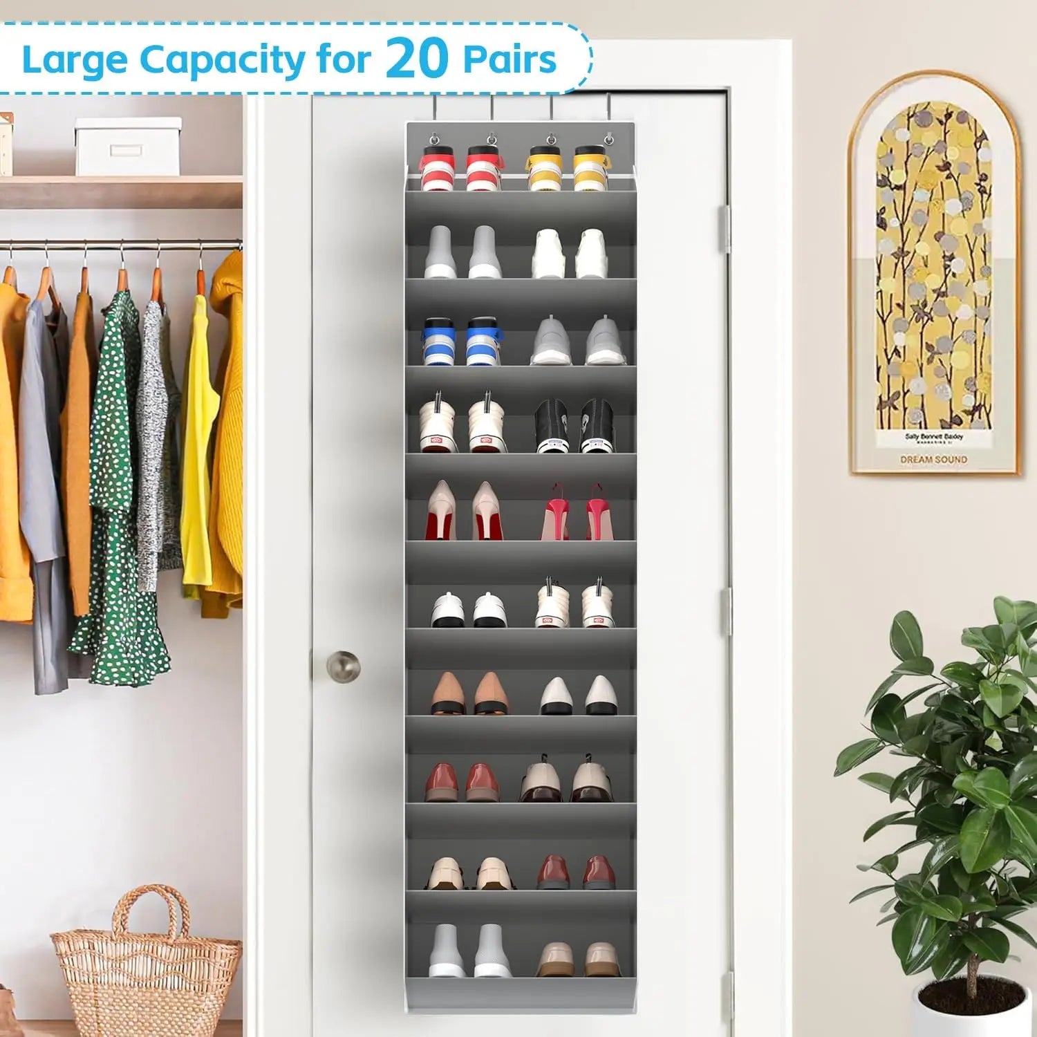 Space Saving Over The Door Shoe Organizer, 10-Tier Hanging Rack Holds 20 Pairs of Shoes, Storage for Sneakers Boots