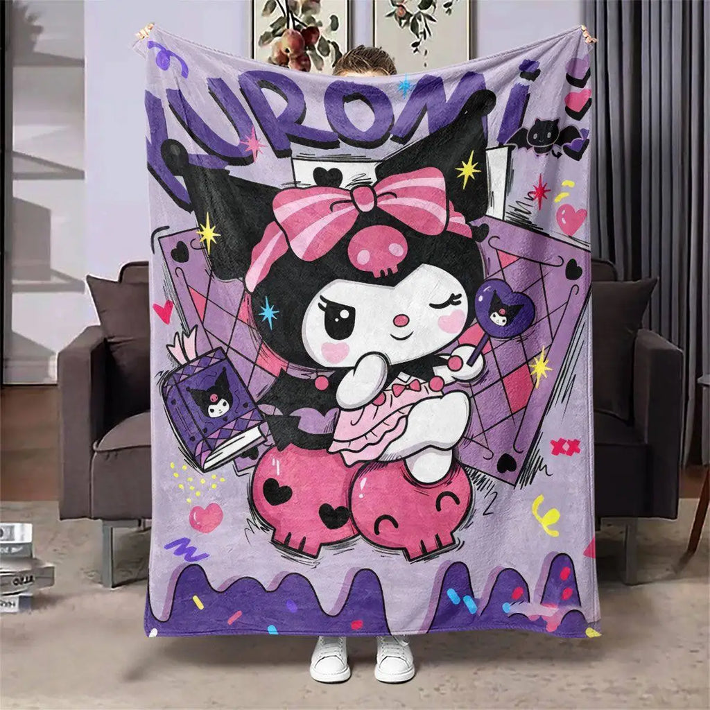Kuromi Pink Flame Trendy Blanket Edgy-style fleece throw bold for sofas Cozy warm decor gift with flame-patterned Kuromi design