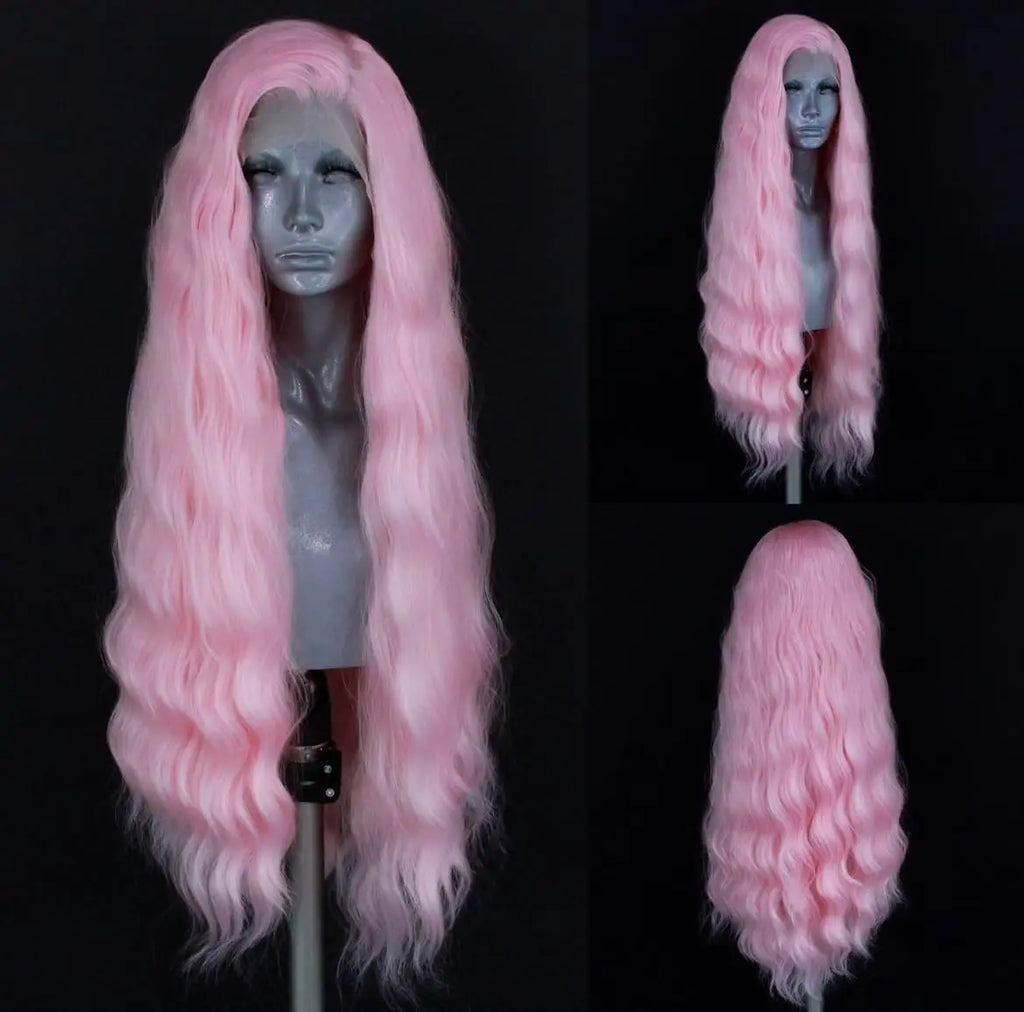 Pastel Pink Natural Wave Wig Synthetic Lace Front Wigs For Women Long Loose Curl Lace Hair Heat Resistant Cosplay Light Pink Wig