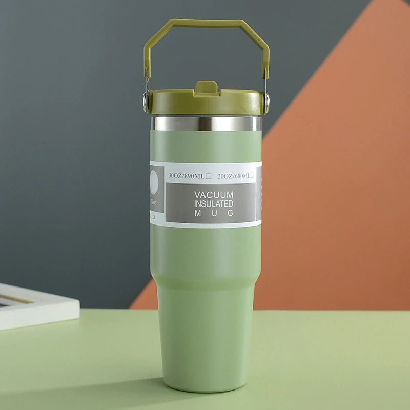 30oz Large Capacity Portable Car Cup Stainless Steel Thermos Bottle with Straw & Handle Travel Sports Water Bottle Vacuum Flask