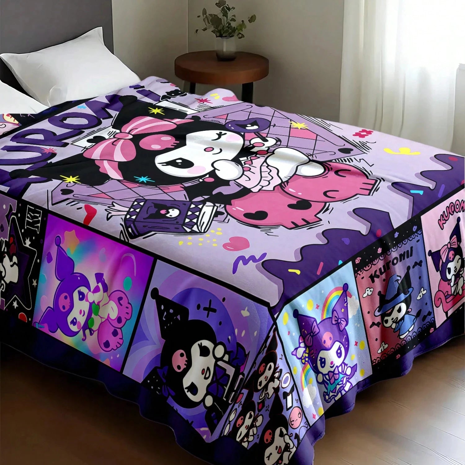 1pc Sanrio Kuromi Themed Flannel Blanket, 2D Flat Print, All-Season, Otaku Throw for Bedroom, Living Room, Napping, Camping & Gi