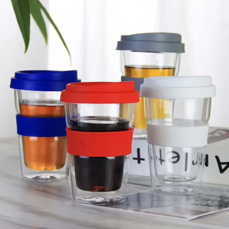 Heat Resistant Double Wall Glass Cup, Drink Water Bottle with silicone Cover and Anti scalding Sleeve, Office Handy Mug