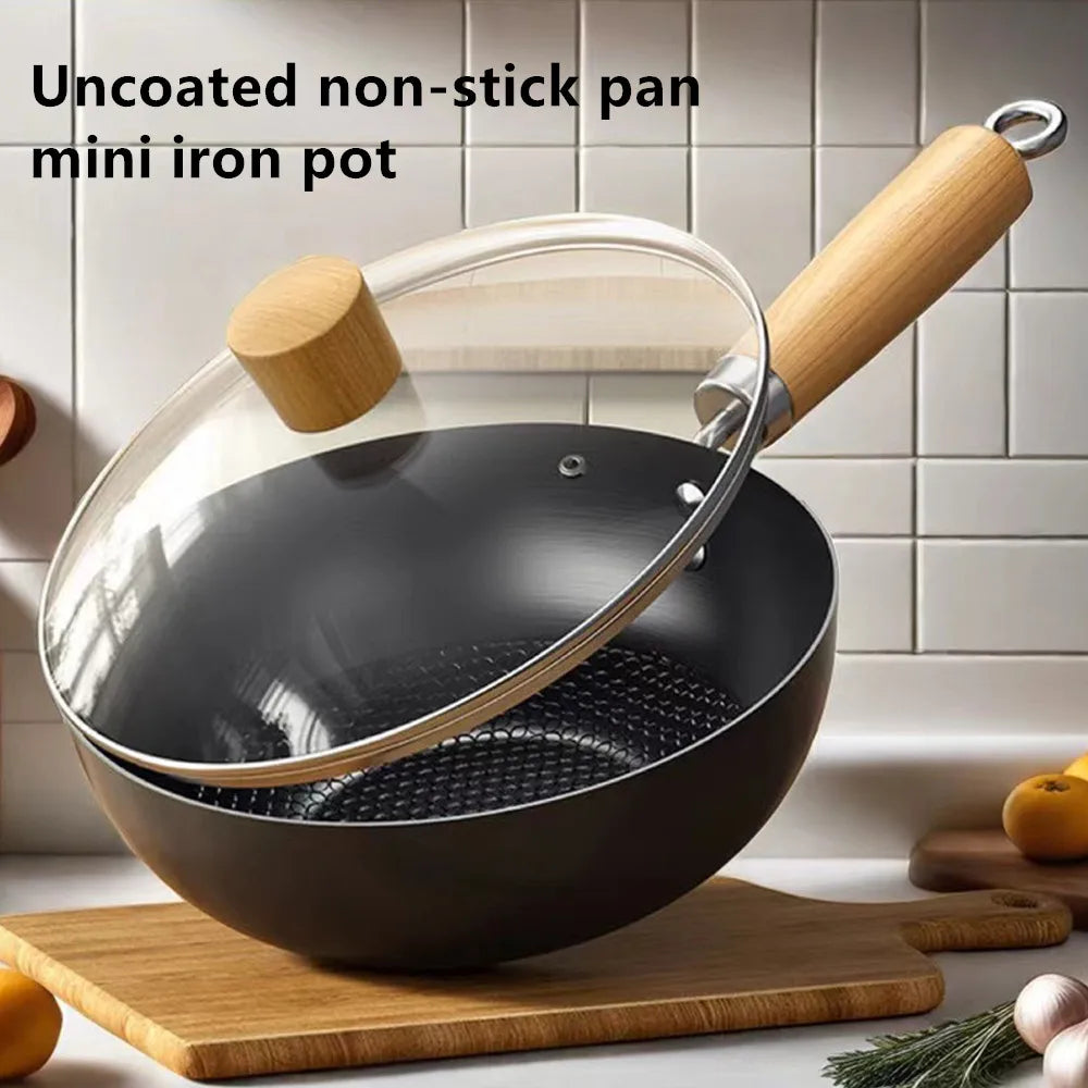 Non-stick iron pan frying pan with lid uncoated gas stove induction cooker universal stew pot cookware handmade steak wok pan