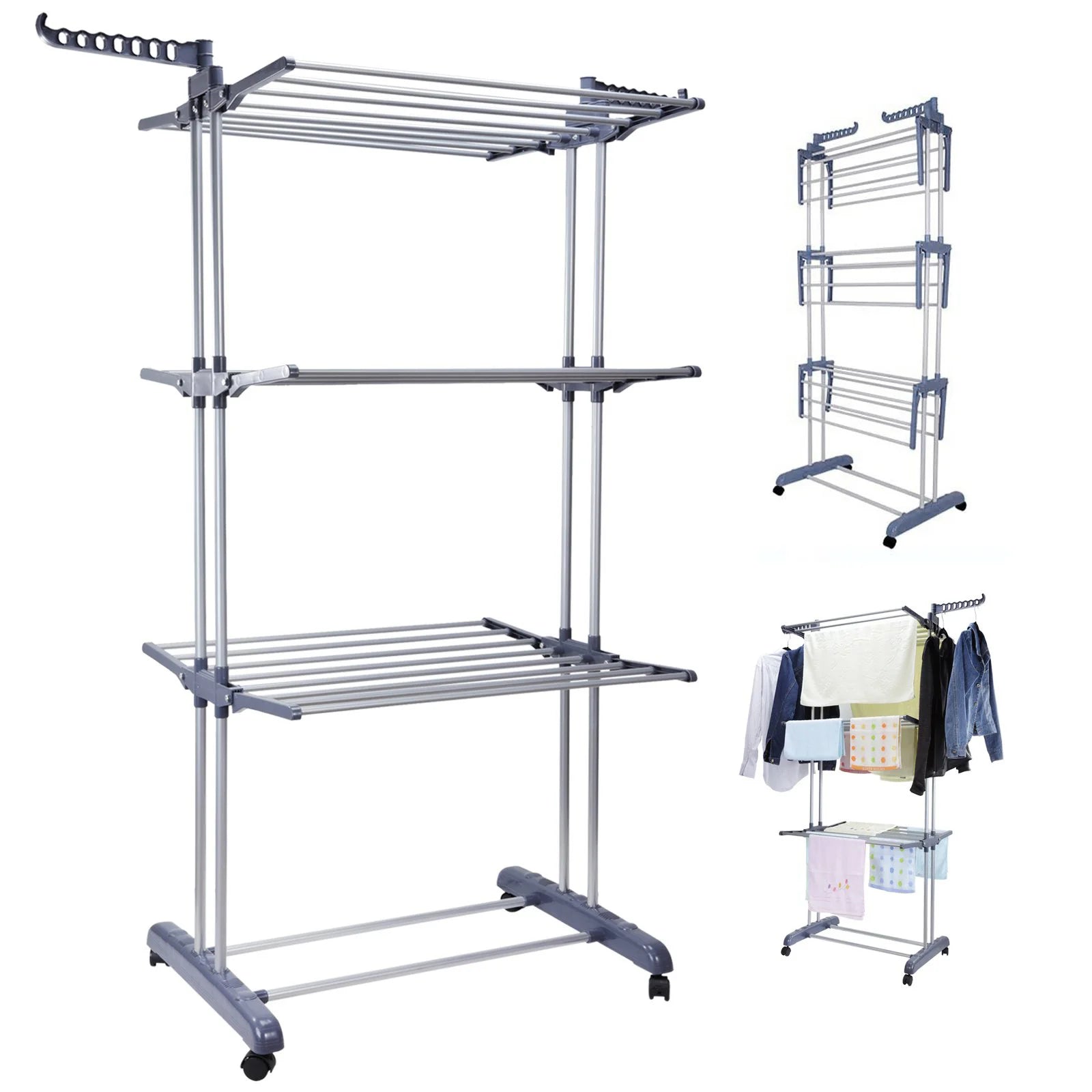 4-Tier Clothes Drying Rack Foldable Expandable Rack Large Movable with Wheels Space Saving Multi-functional Indoor & Outdoor