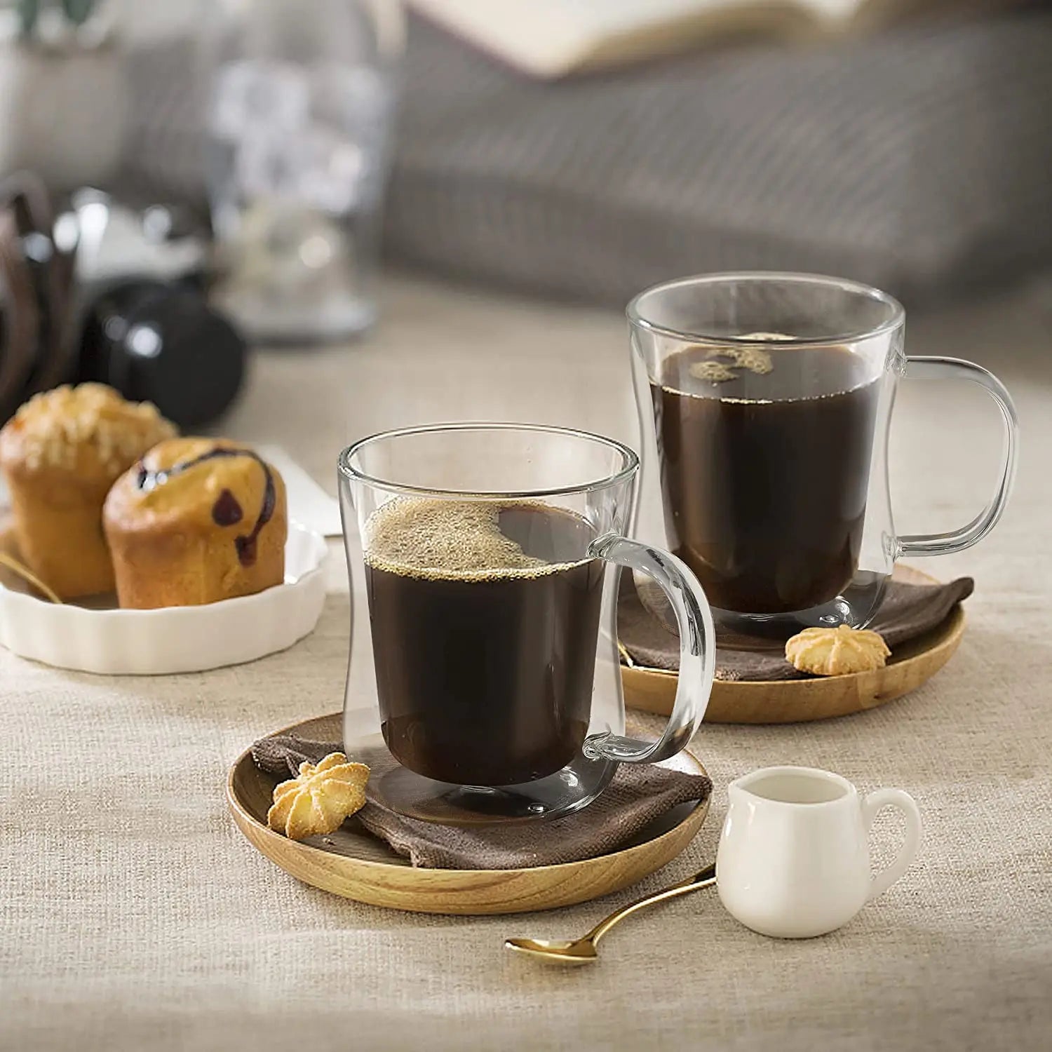 FOME 1/2/4pcs Double Wall Glass Coffee Cups Clear Espresso Mug With Handle For Hot Cold Beverage Milk Juice Teacup Drinkware Set