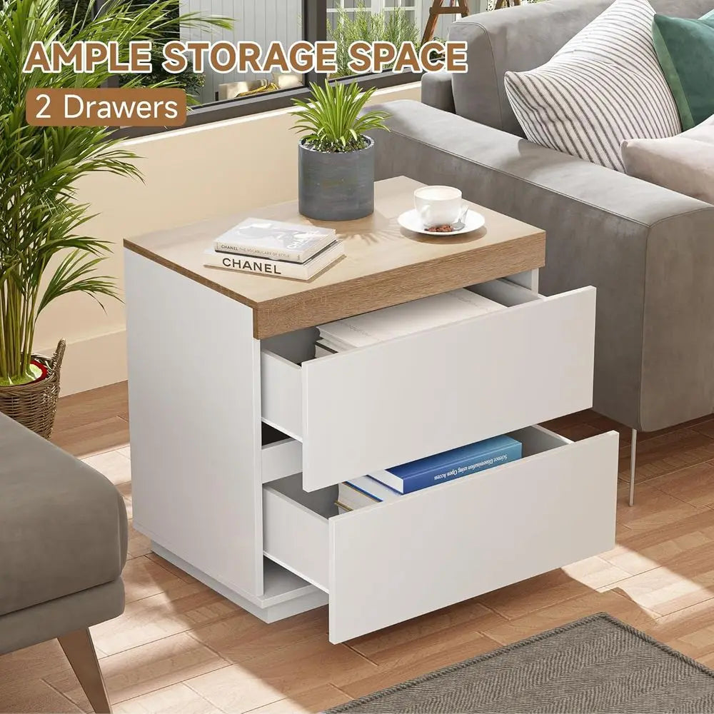 Nightstand with Oak Top, 23.7" White Night Stand with 2 Drawers, Modern Bedside Table Wood End Table for Bedroom-Customized