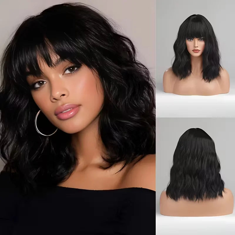 Body Wave Bob Wig With Bangs Short Full Machine Made Human Hair Wigs 220% Density Loose Body Wave Brazilian Natural Black Color