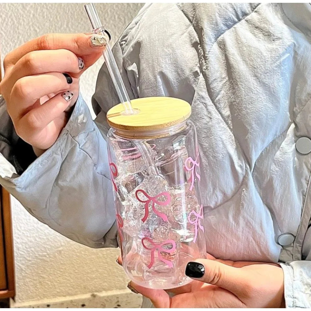 500ml Cute Bow Mason Jar Glass Tumbler with Lid and Straw for Iced Coffee Juice Party Gift Reusable Cup