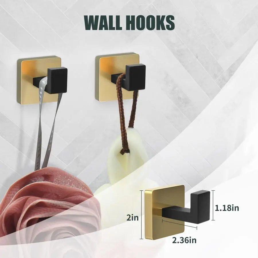 Piece Black and Gold Towel Bar Set Gold and Black Bathroom Accessories with 2 Towel Hook, Stainless Steel Wall Mounted Bathroom