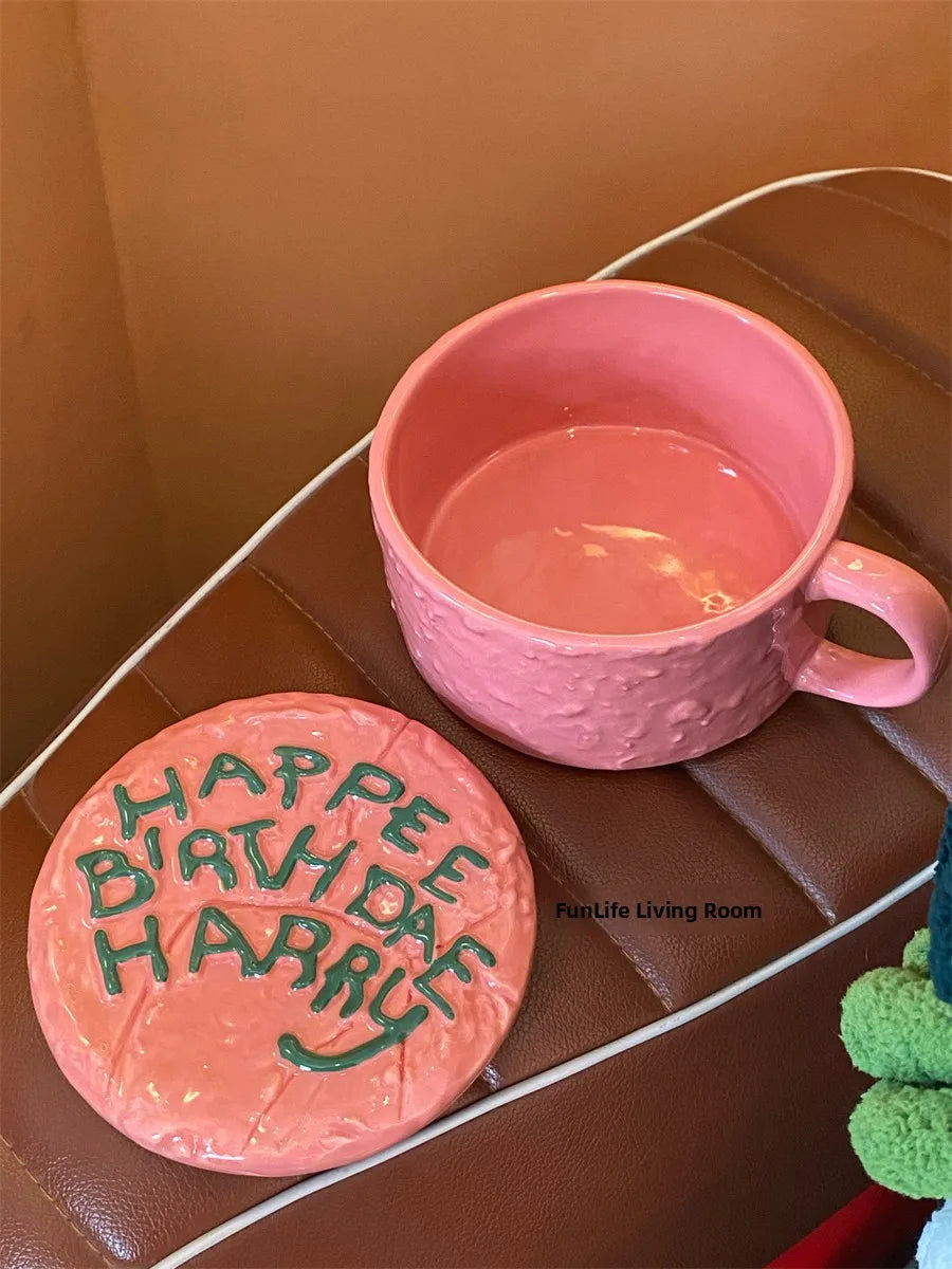 Adorable Pink Happy Birthday Ceramic Mug FunLife Coffee Cup Breakfast Mug Korean Style Universal Design 350ml Capacity