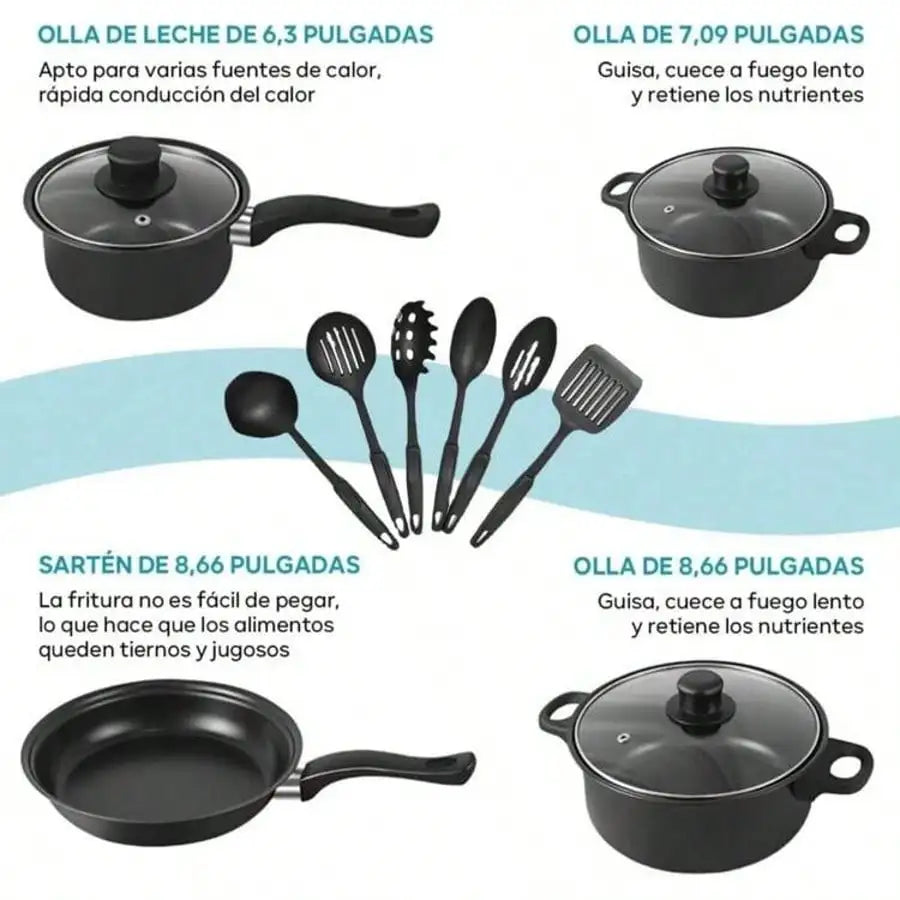 Black 13 Piece Kitchen Cookware Set Non-Stick Frying Pan, Soup Pot & Spoons, Induction Ready Cooking Set, Christmas Family Gifts