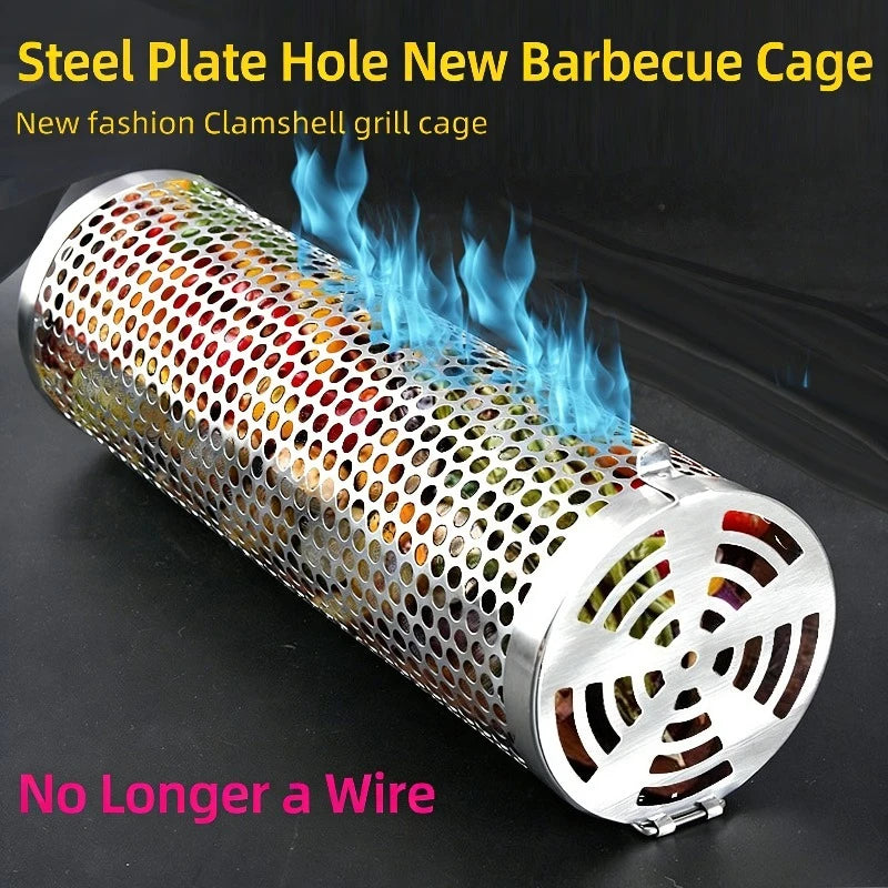 Circular Barbecue Cage, Outdoor Smoking Cage, Multifunctional Barbecue Net, Rotating Drum, Portable 304 Stainless Steel Rack