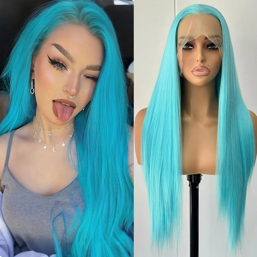 Blue Wig Long Straight Synthetic Lace Front Wig Glueless Ready to Wear Cosplay Party Light Blue Hair Lace Frontal Wigs for Women