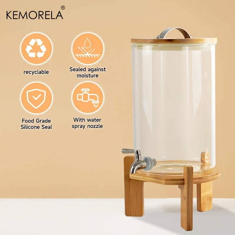 5L Glass Beverage Dispenser with Stand - Clear Drink Dispenser with Spigot Needed Durable Glass & Wood Base for Parties Bar
