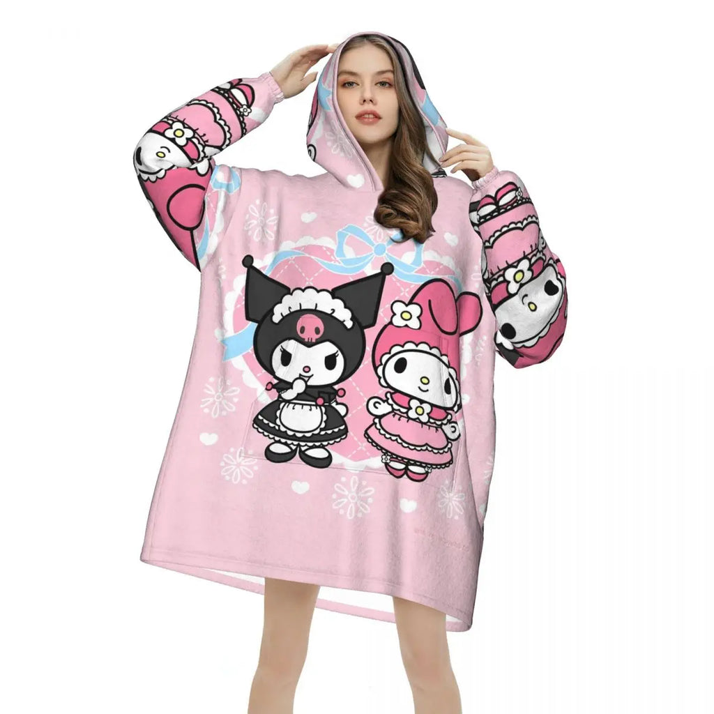My Melody And Kuromi Blanket Hoodie Wearable Cute Cartoon Blanket Large with Pocket Warm Sleeping Bag Soft Cozy Onesie