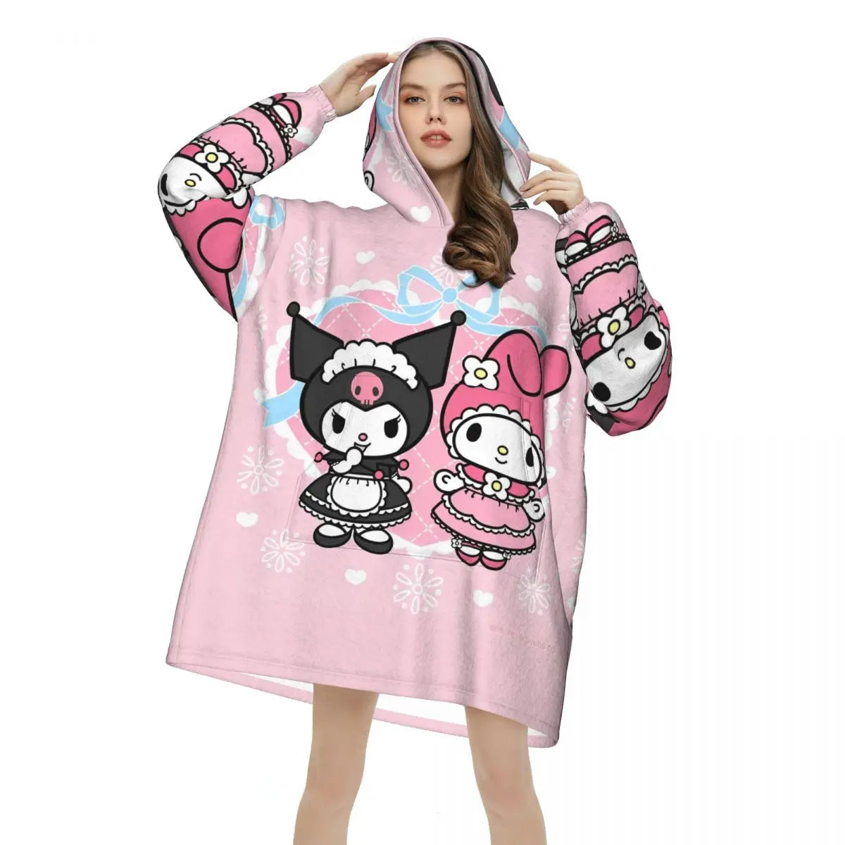 My Melody And Kuromi Blanket Hoodie Wearable Cute Cartoon Blanket Large with Pocket Warm Sleeping Bag Soft Cozy Onesie