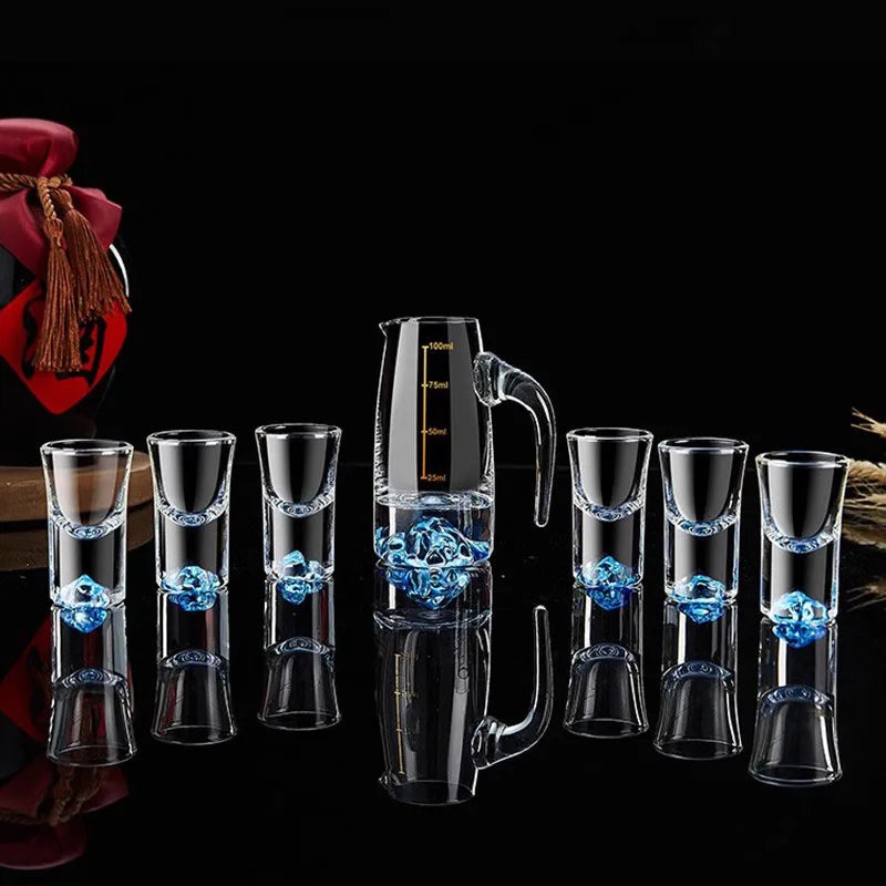 7pcs Crystal Glass Short Cup Set gold/blue Lead Free Liquor Glass With Wine Dispenser Golden Vodka Brandy Wine Glasses Cup
