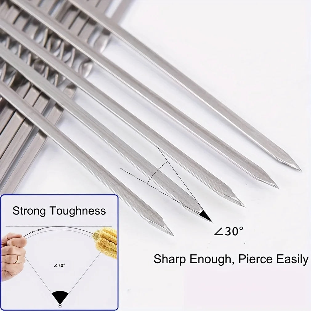 10PCS Kabob Skewers Flat Metal Stainless Steel BBQ Barbecue Skewer 12" Anti-Roll Heavy Duty Shish Kebob Sticks Wide Reusable Gri