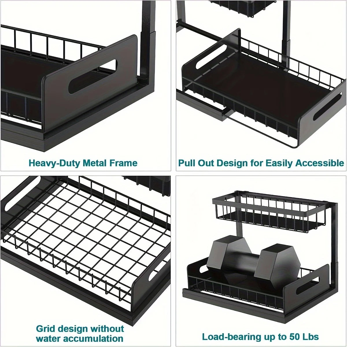 Double-Layer Pull-Qut Kitchen Storage Rack, Non-Slip, Stable, Multi-FunctionalStorage Box with Five Hooks, under Sink Brush