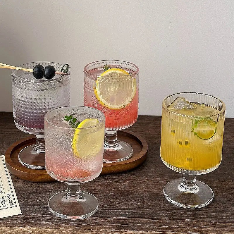 4pcs Set Vintage Embossed Mixed Pattern Wine Glass,Wine Juice Drink Cup ,Party Wedding Home Glass Cup Goblet