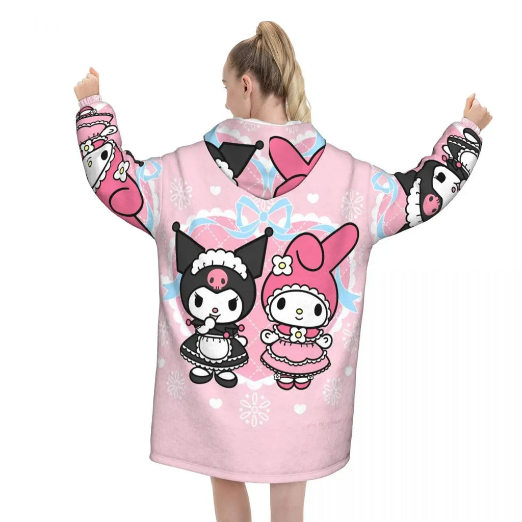 My Melody And Kuromi Blanket Hoodie Wearable Cute Cartoon Blanket Large with Pocket Warm Sleeping Bag Soft Cozy Onesie