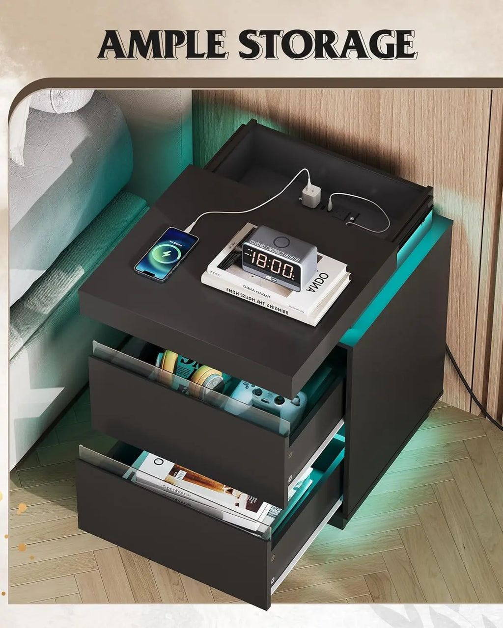 Black Nightstand with Charging Station and LED Lights, Bedside Table with 2 Wooden Drawers and Sliding Top, Modern, Customized