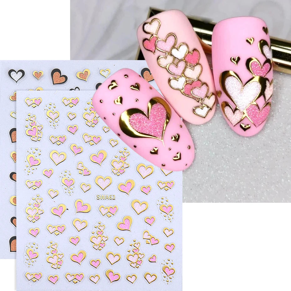 2pcs/set Golden Love Heart Nail Art Stickers 3D Valentine's Day Heart Self-adhesive Nail Supplies Slider Manicure Decorations