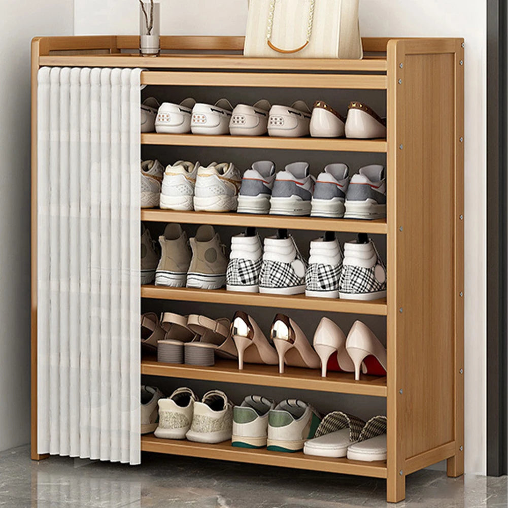 6-Tier Shoes Racks Organizer with White Gauze Curtain Wooden Cabinet Organizer for Entryway Hallway Bedroom Closet Living Room