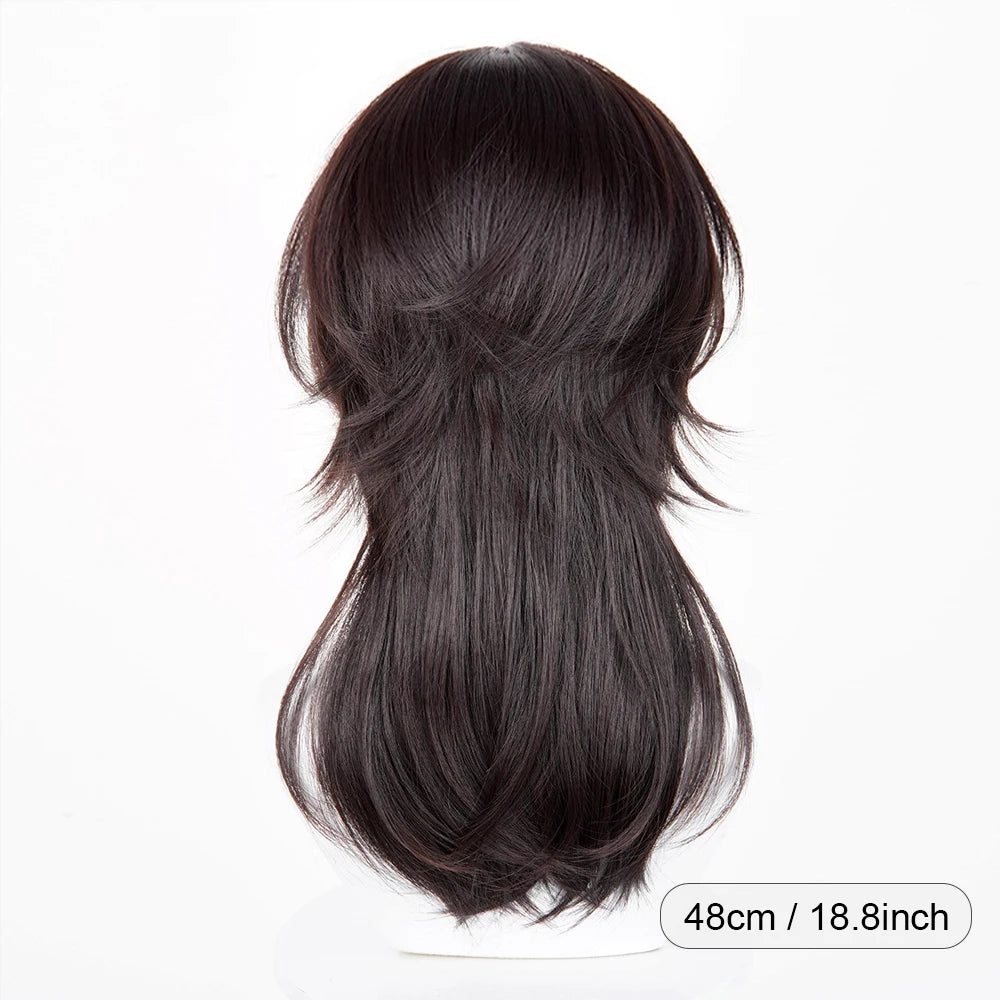 Brown Mullet Head Long Straight Synthetic Wigs with Bangs Fluffy Anime Game Cosplay Wig for Daily Party