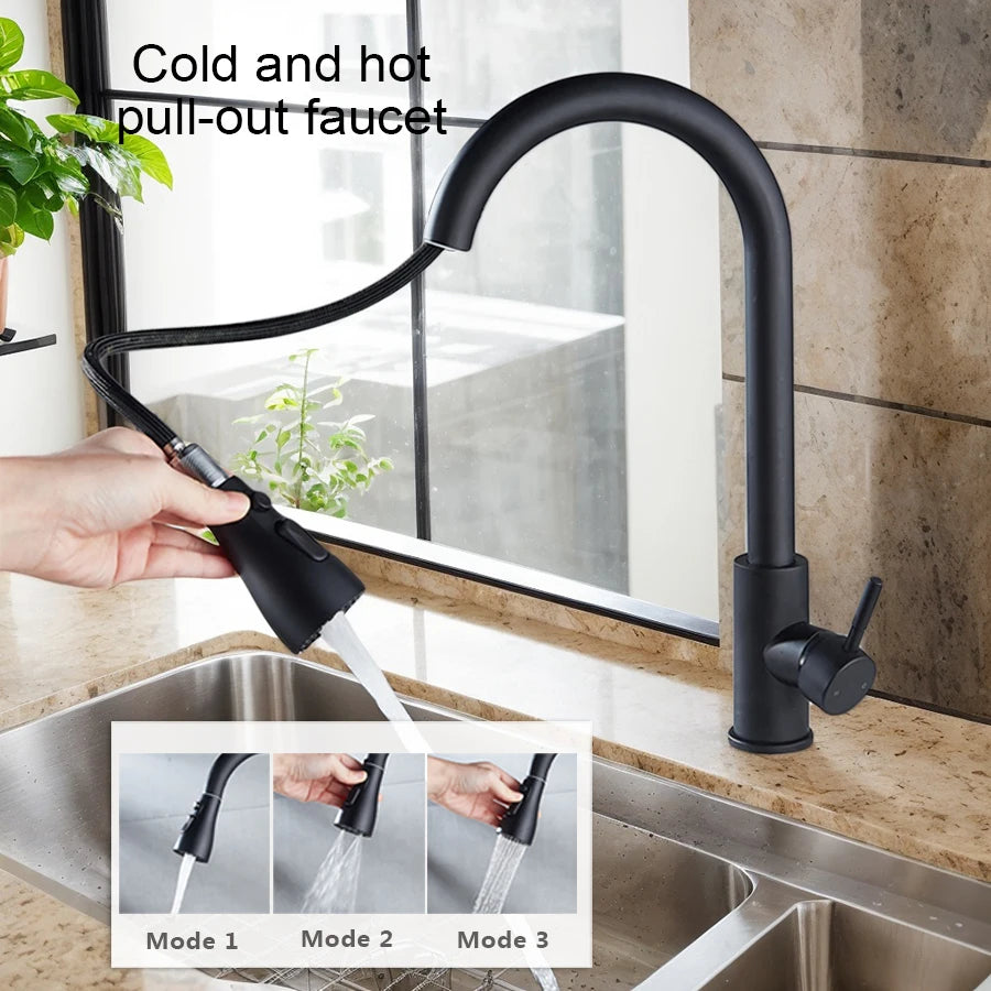 1 set of kitchen sink cold and hot pull-out stainless steel faucet with three-speed switch and rotatable water outlet mode