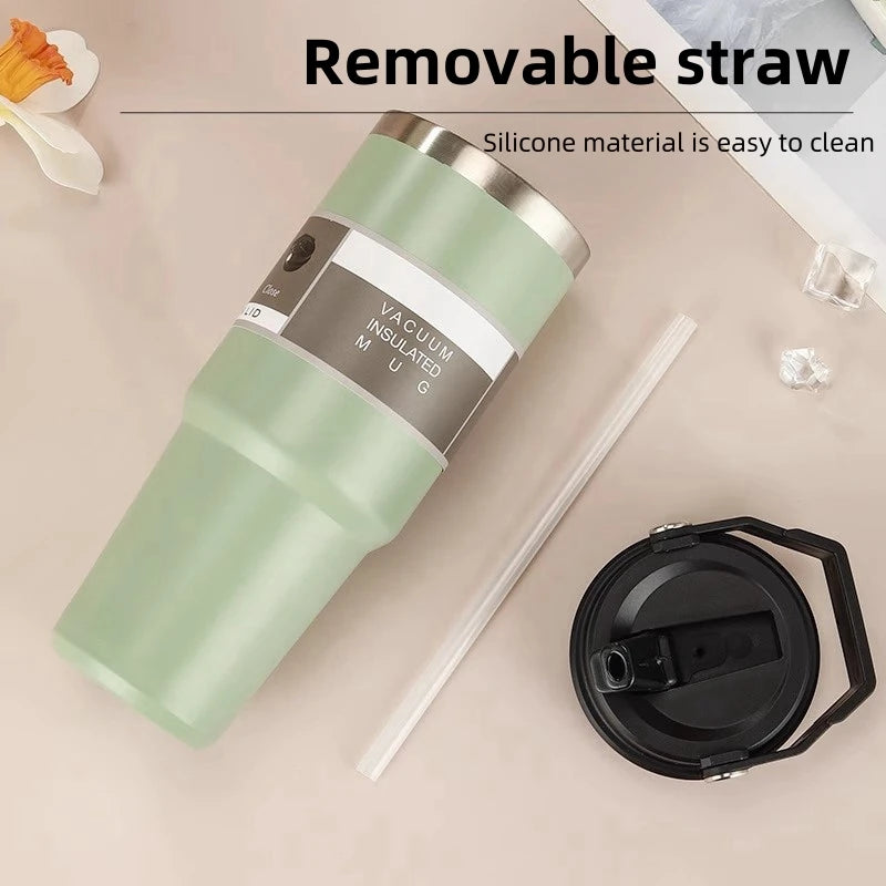 30oz Large Capacity Portable Car Cup Stainless Steel Thermos Bottle with Straw & Handle Travel Sports Water Bottle Vacuum Flask