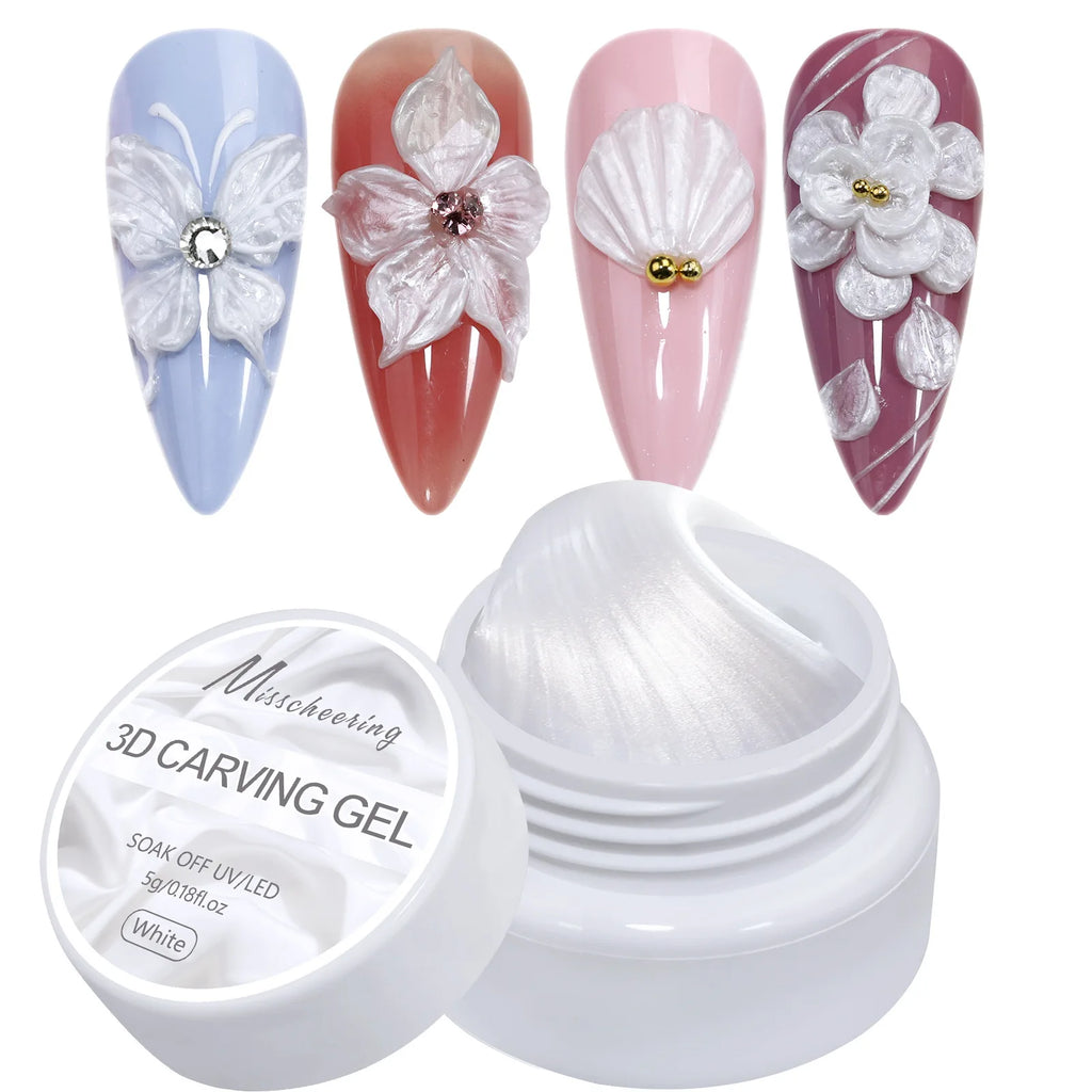3D Nail Art Gel White Pearl Solid  for Carving Patterns Decoration Nail Art Home Manicure DIY for Women White Sculpture
