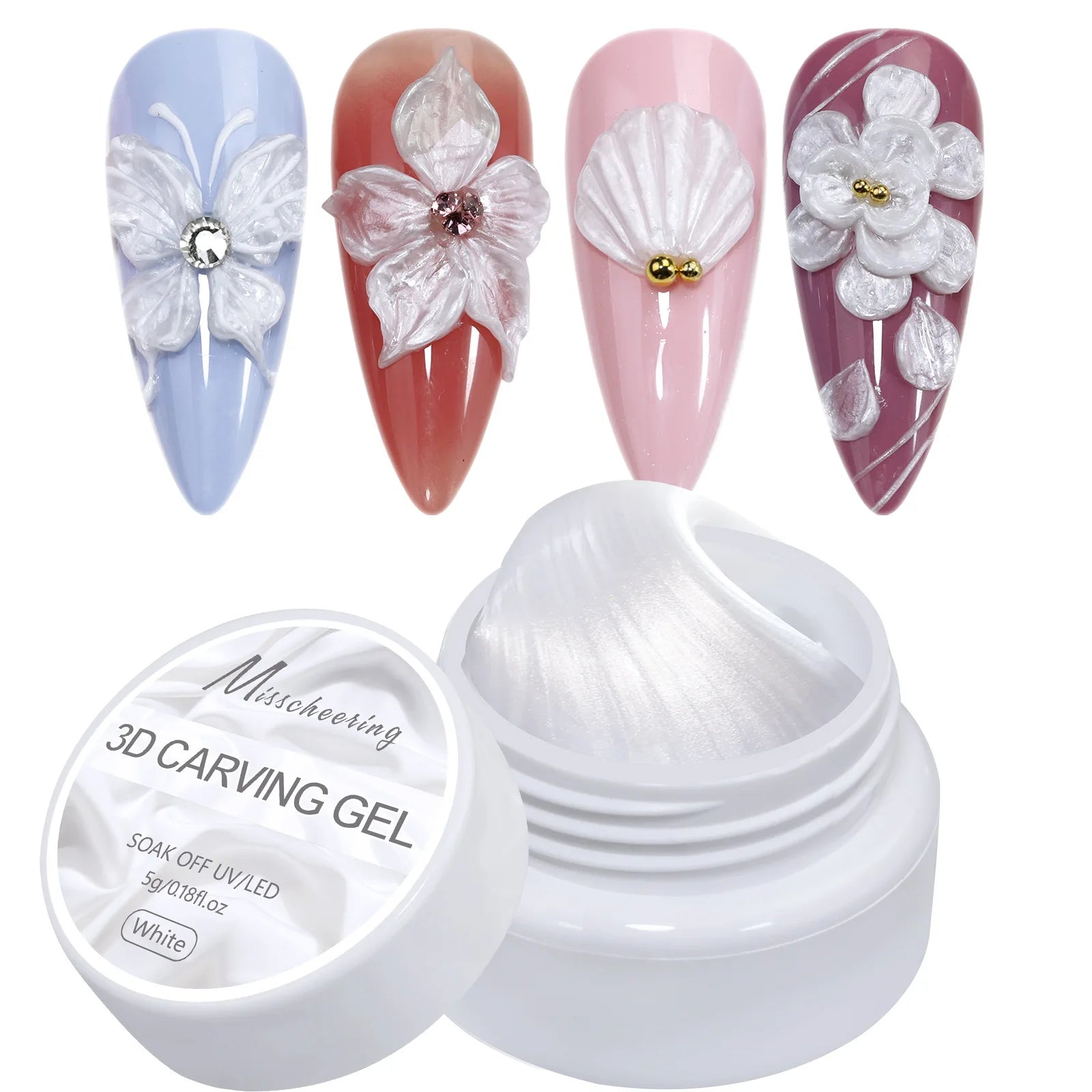 3D Nail Art Gel White Pearl Solid  for Carving Patterns Decoration Nail Art Home Manicure DIY for Women White Sculpture